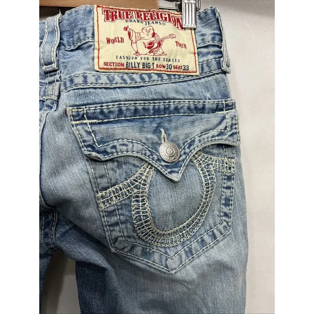 True Religion Billy Big T Flap Distressed Denim Embroidered Jeans ACTUAL 30x33